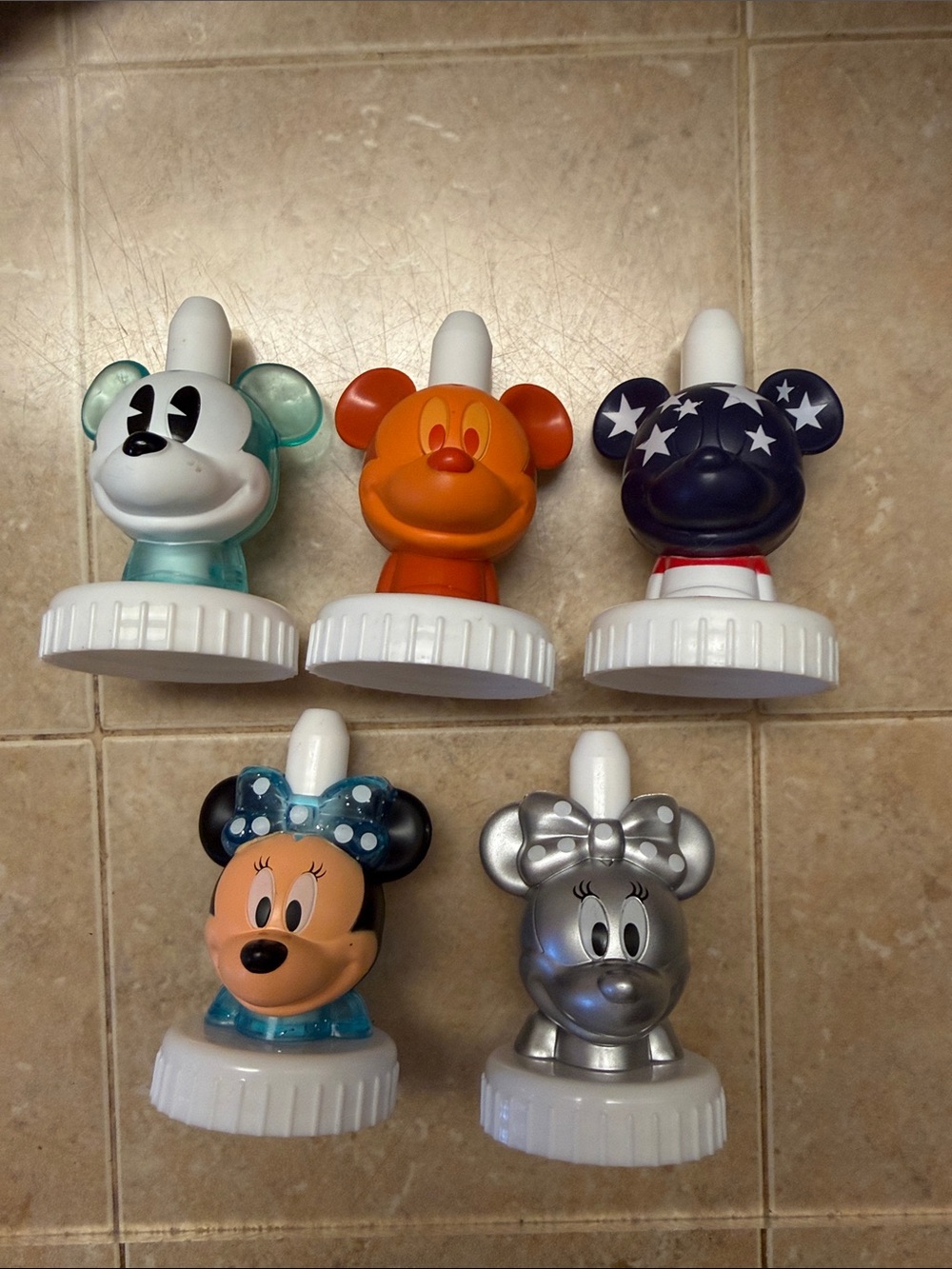 Mickey and Minnie Mouse character drink bottle toppers by good2grow Set of 5